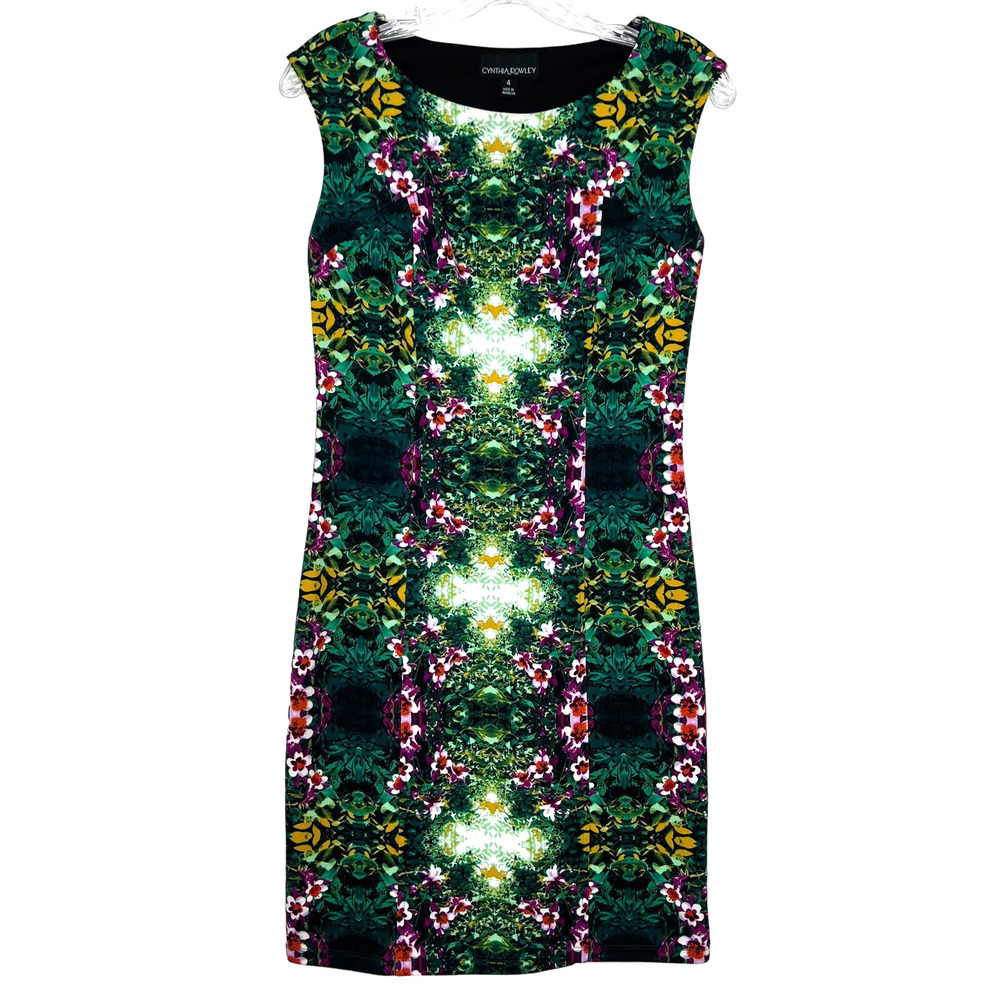 Cynthia Rowley Women's Sheath Dress Green Multi-Tropical Floral Print Size 4